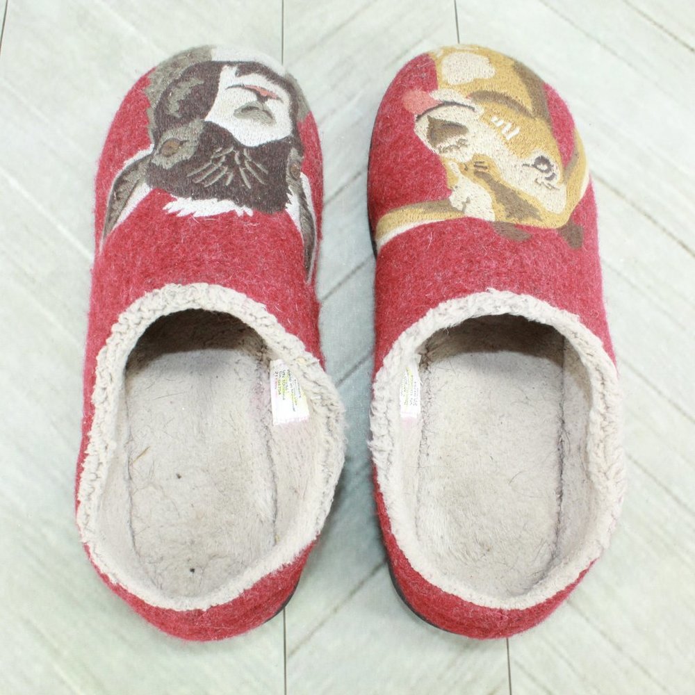 LL Bean Red Wool Daybreak Goat Motif Fleece Scuffs Slippers Size 7 Medium - Picture 6 of 8